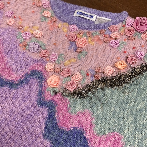 Vintage Pastel Colour Block Knit Sweater w/ Flower & Bead Details - Picture 4 of 9
